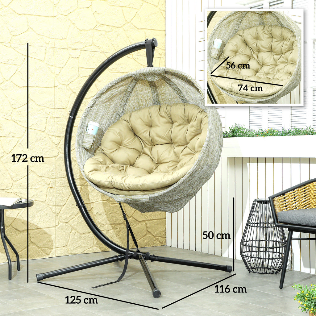 Hanging Egg Chair Outdoor Indoor Garden Swing Chair With Folding Basket, Thickened Cushion, Cup Holder For Patio, Balcony, Khaki