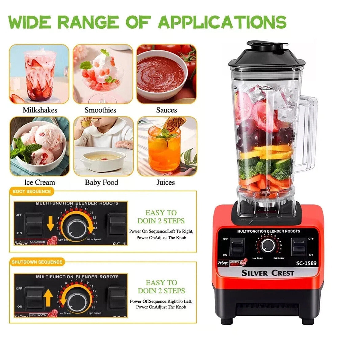 4500W Multifunctional Blender Food Processor Smoothie Juicer Ice Crusher 2 Jugs--Black
