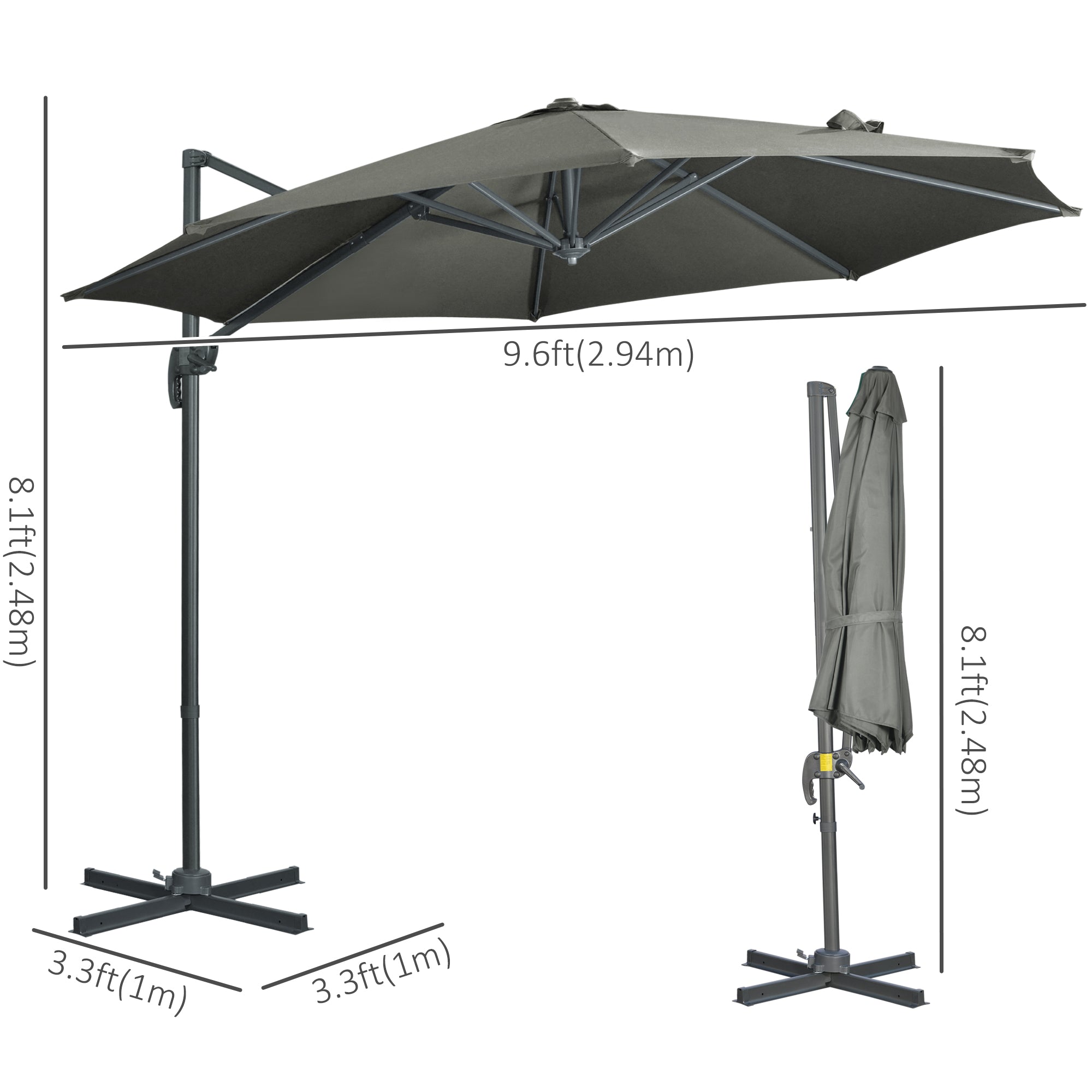3 X 3(m) Cantilever Parasol With Cross Base, Garden Umbrella With 360° Rotation, Crank Handle And Tilt For Outdoor, Patio, Grey