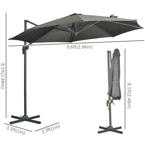 3 X 3(m) Cantilever Parasol With Cross Base, Garden Umbrella With 360° Rotation, Crank Handle And Tilt For Outdoor, Patio, Grey