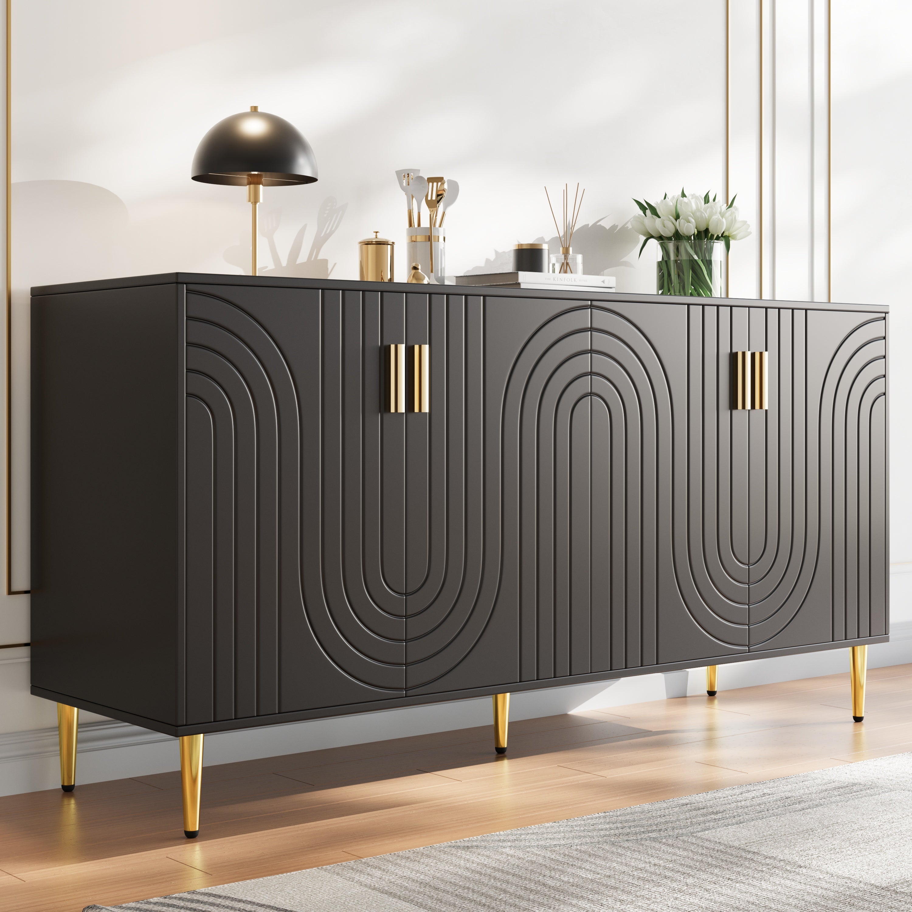 Black Sideboard 152 X 40 X 75 Cm With Unique Wave Design And Golden Handles And Feet, Creating An Elegant Dining Area
