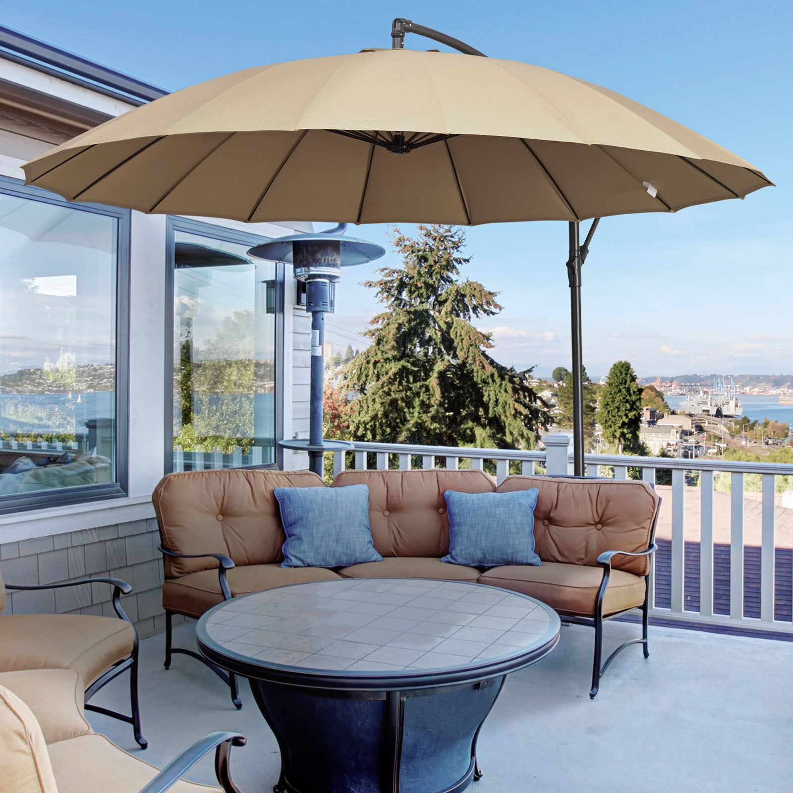 3(m) Cantilever Umbrella 18 Ribs & Vents Adjustable Angle For Patio Khaki