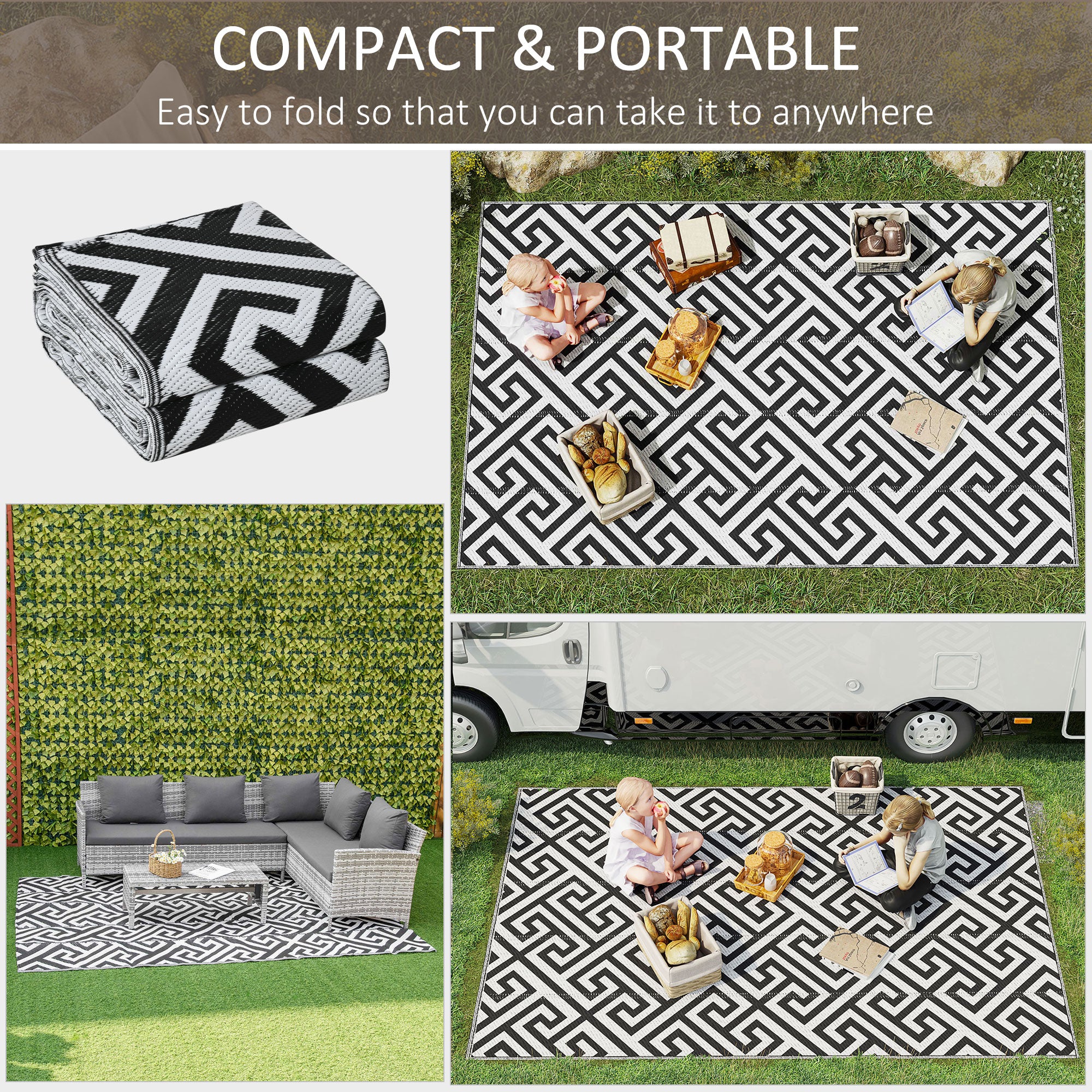 Outdoor Rug Reversible Mat Plastic Straw Rug Portable RV Camping Mat For Garden Deck Picnic Indoor, Black & White