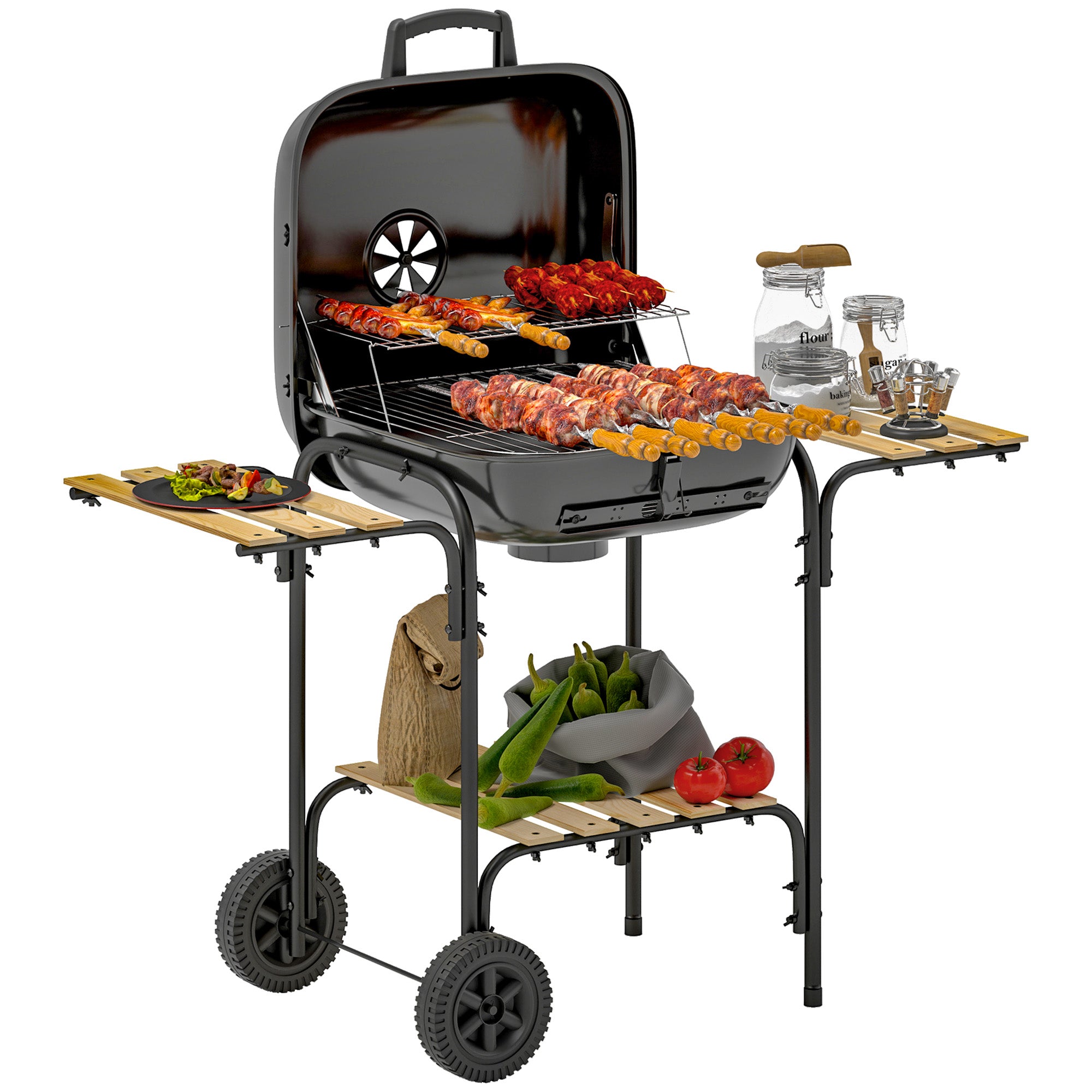 Charcoal Barbecue Grill Portable BBQ Grill With 3 Shelves, Adjustable Vent, Lockable Lid, Wheels For Outdoor Cooking