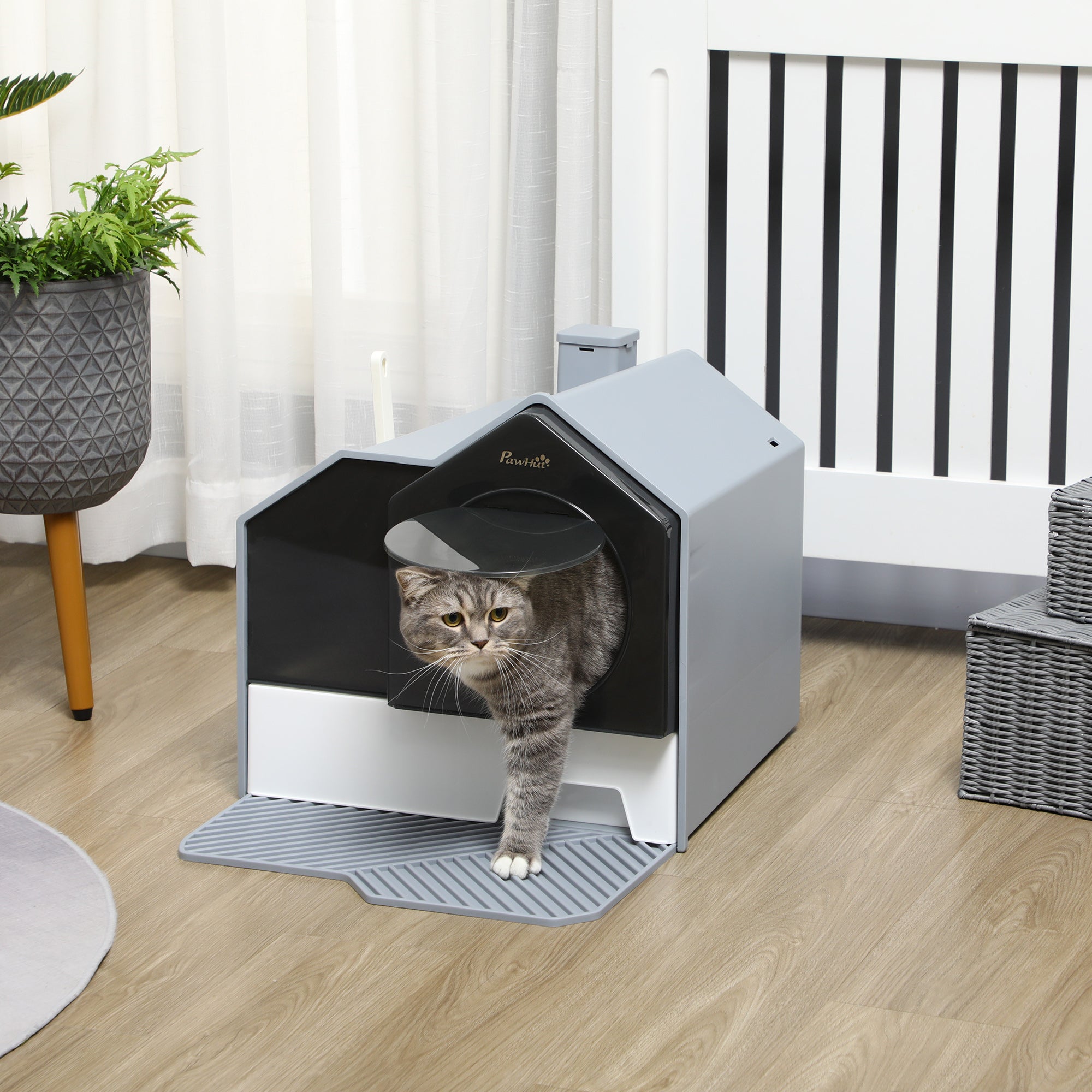 PawHut Hooded Cat Litter Tray With Scoop, Cat Litter Box With Drawer Pan, Handle, Deodorants, Hut Design, Front Entrance, 47 X 45 X 42cm - Grey