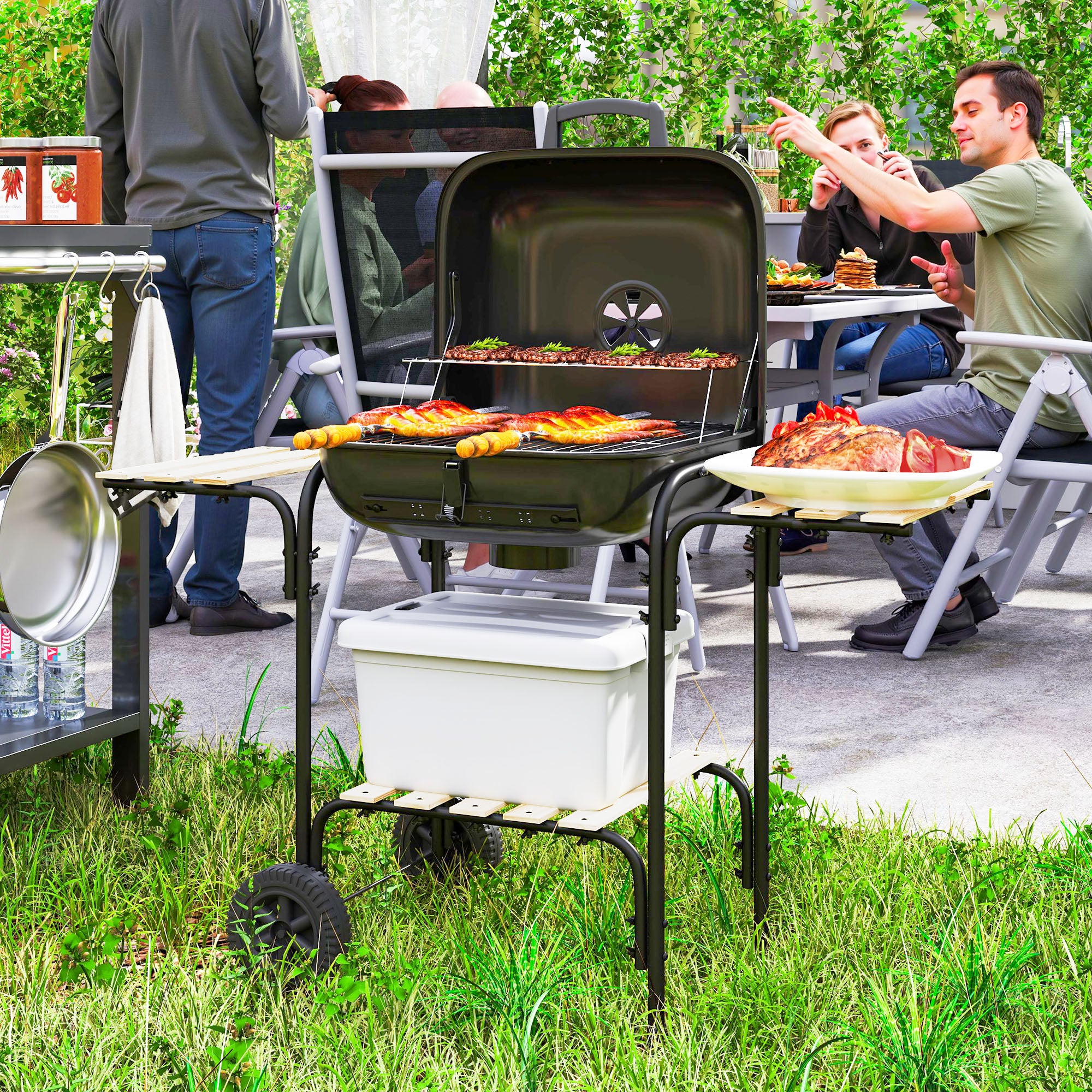Charcoal Barbecue Grill Portable BBQ Grill With 3 Shelves, Adjustable Vent, Lockable Lid, Wheels For Outdoor Cooking
