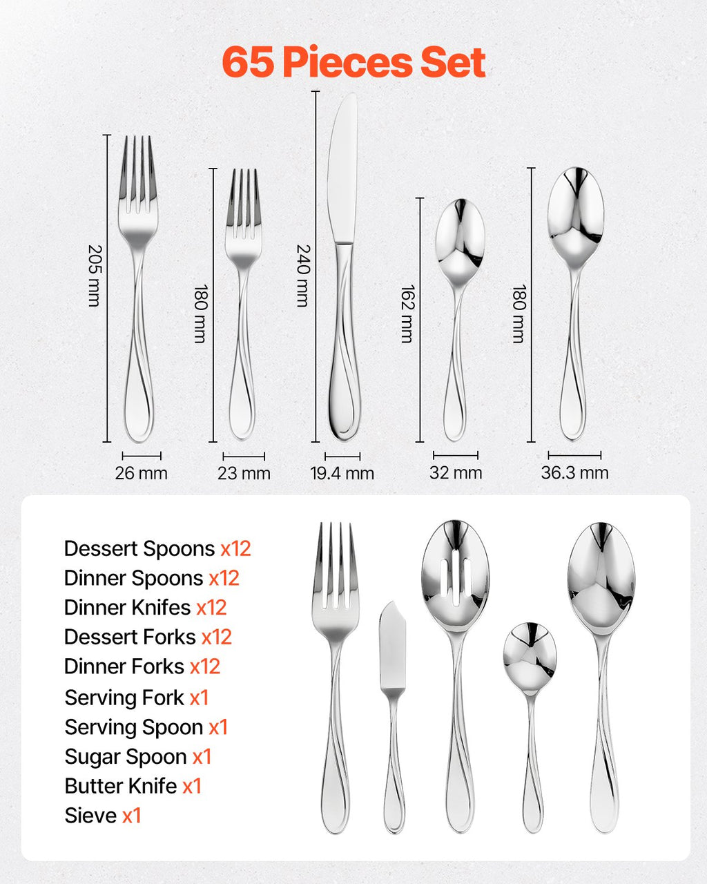 65-Piece Silverware Set, Food-Grade Stainless Steel Flatware Utensils, Mirror Finished Cutlery Set, Dishwasher Safe Eating Tableware For Kitchen Home, Service For 12, Include Knife Fork Spoon