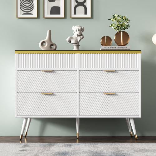 Sideboard Cabinet Dresser With 6 Drawers,Amber Glass Chest Of Drawers, Compartmentalised Storage,Anti-tip,Dressing Table For Living Room, Hallway