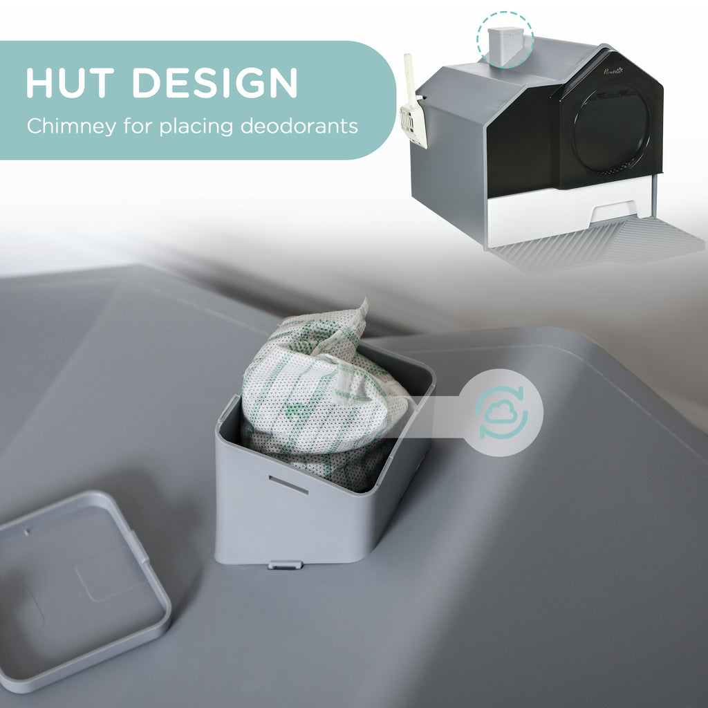 PawHut Hooded Cat Litter Tray With Scoop, Cat Litter Box With Drawer Pan, Handle, Deodorants, Hut Design, Front Entrance, 47 X 45 X 42cm - Grey
