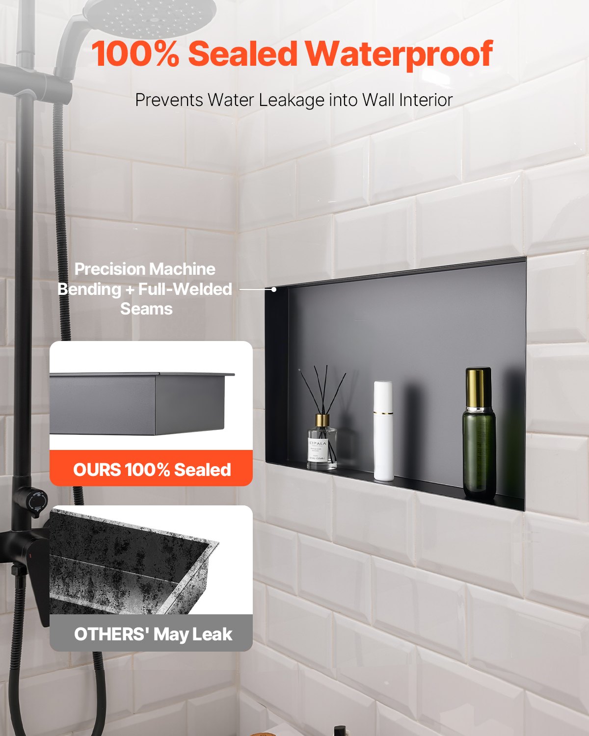 Shower Niche, 33.0 X 63.5 X 10.2 Cm Frameless Recessed Wall Niche, Heavy-duty Stainless Steel Modern Shampoo Storage Organizer, Sealed Waterproof, Durable & Easy To Install, Black For Bathroom