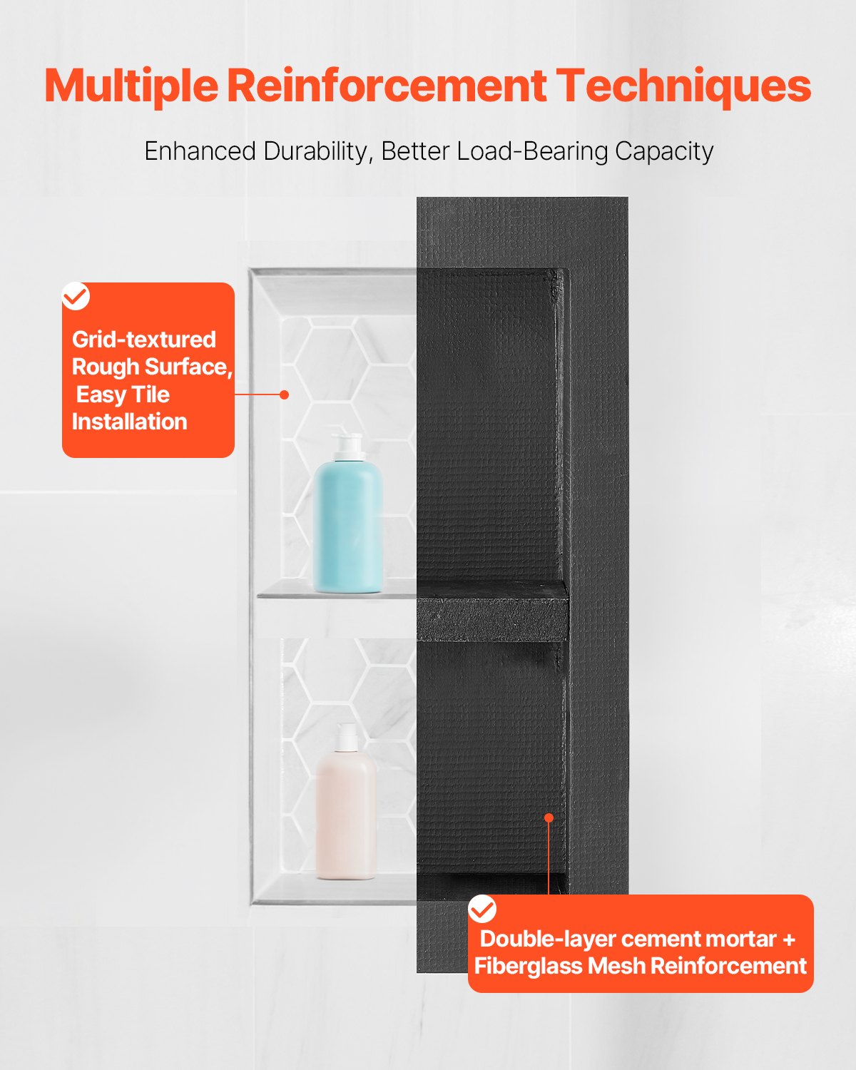 Shower Niche, 40.6 X 81.3 Cm + 40.6 X 81.3 Cm Recessed Wall Niche With Movable Shelf, 10.2 Cm Thick Modern Soap & Shampoo Storage Organizer,Square Corners,Sealed Waterproof, Black For Bathroom