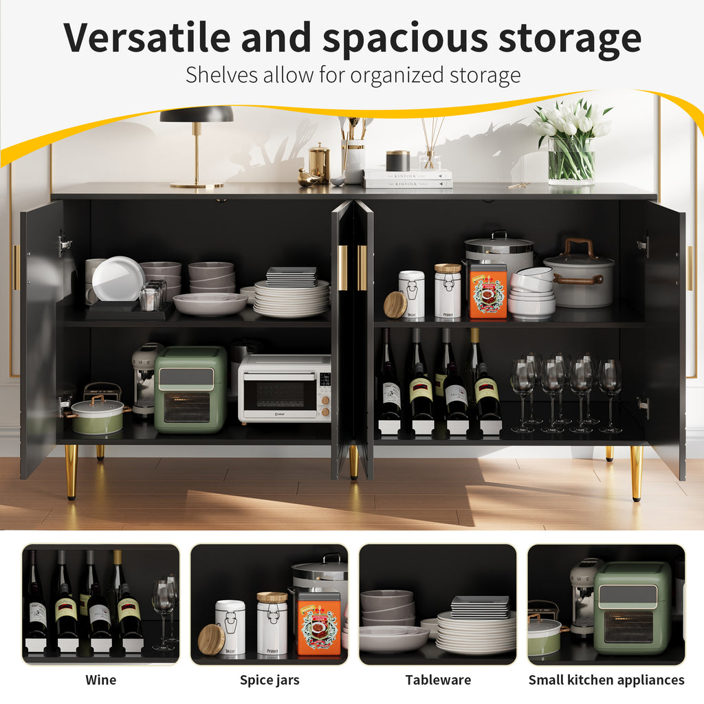 Black Sideboard 152 X 40 X 75 Cm With Unique Wave Design And Golden Handles And Feet, Creating An Elegant Dining Area