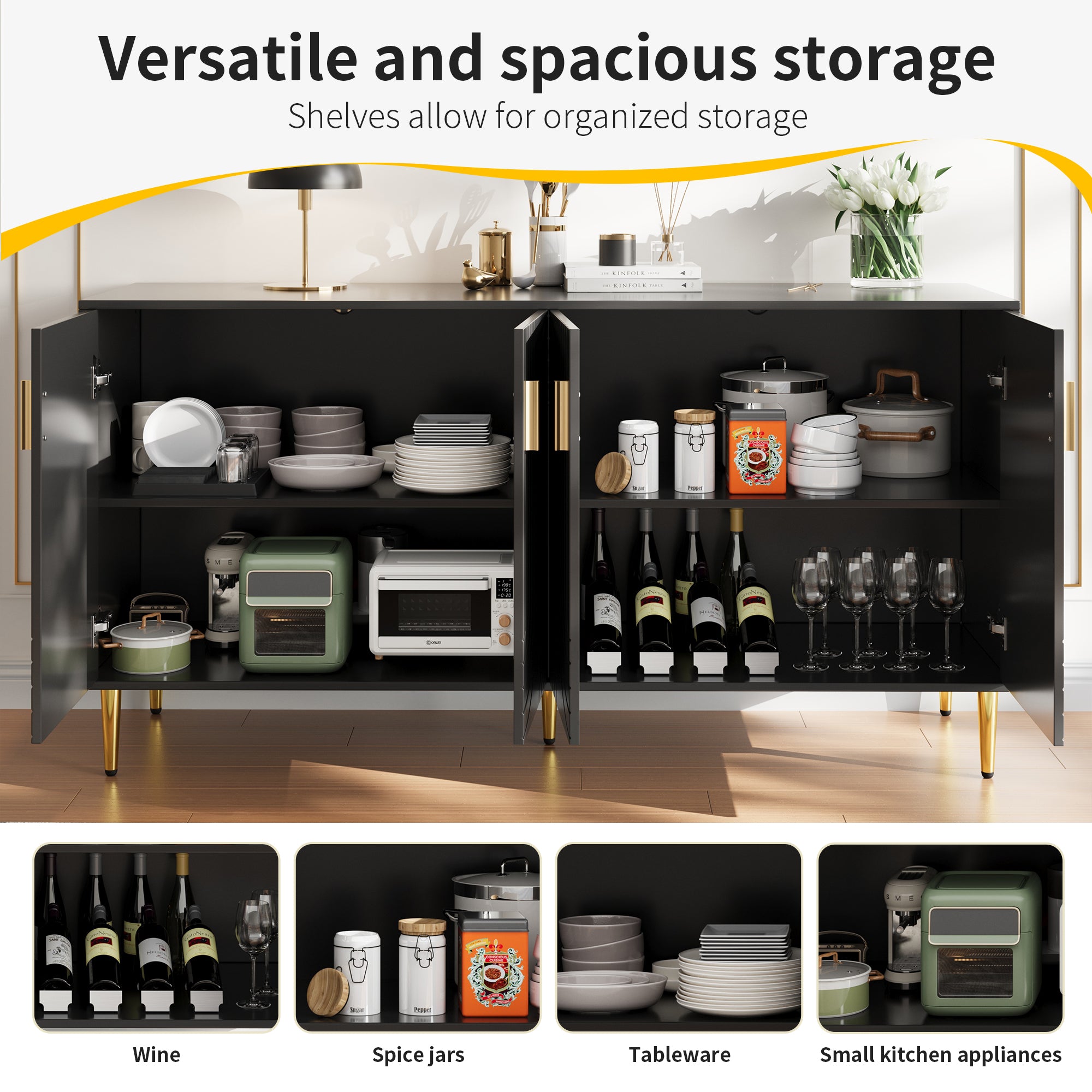 Black Sideboard 152 X 40 X 75 Cm With Unique Wave Design And Golden Handles And Feet, Creating An Elegant Dining Area