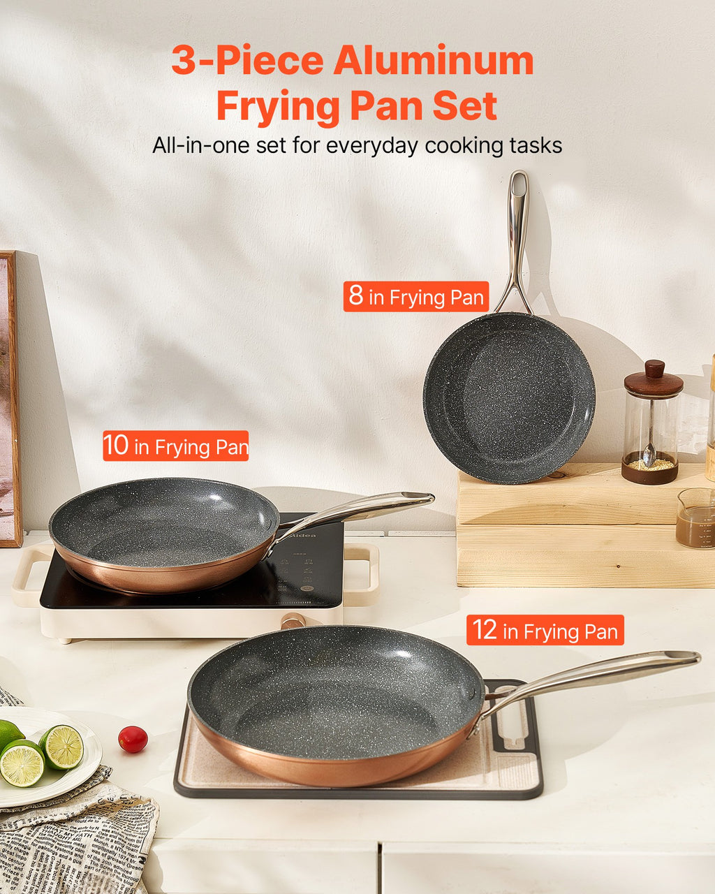 Frying Pan Skillet, Aluminum Egg Fry Pans, 3 Piece  Non-sitck Ceramic Heavy-Duty Skillets With Heat-Resistant Handle, Chef's Cookware, For Oven, Gas, Electric, Induction, Grey