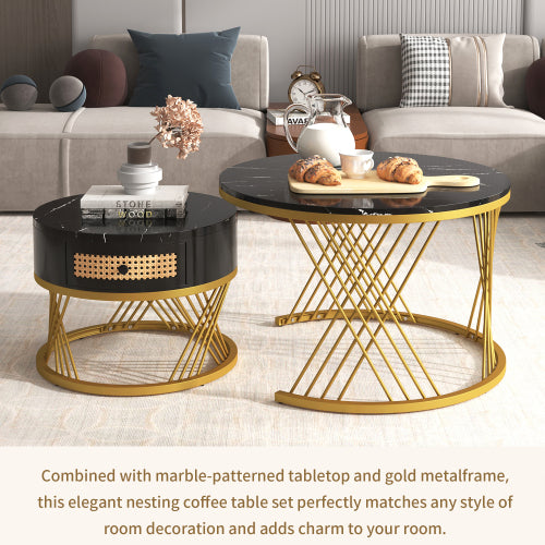 2 In 1 Round Coffee Table Made Of MDF With Marble Grain Veneer Top, Rattan Drawers And Solid Wood Handles. Gold Coloured Iron Legs.