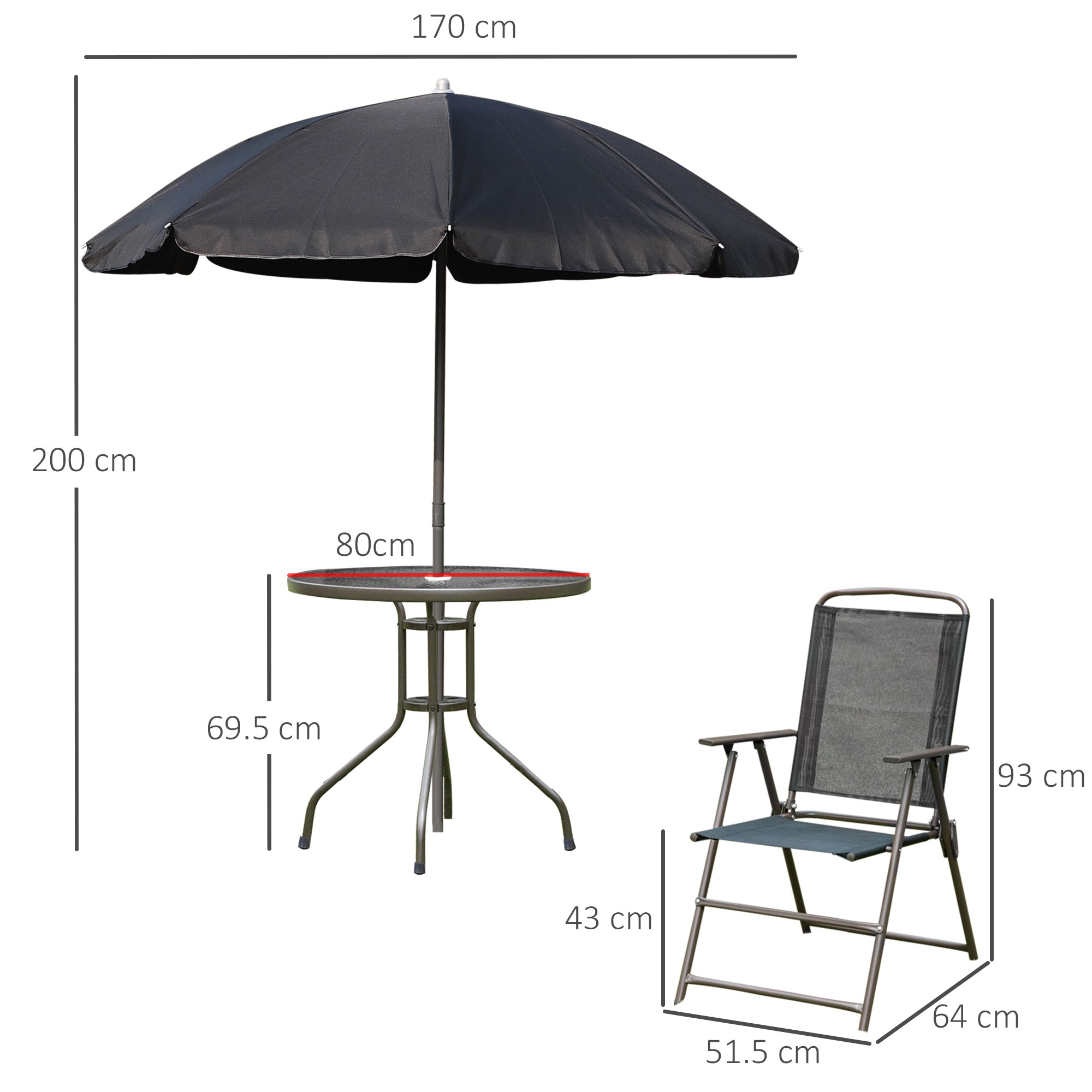 6 Piece Garden Dining Set With Umbrella, Patio Sets With Parasol With 4 Folding Dining Chairs & Round Tempered Glass Table, Black