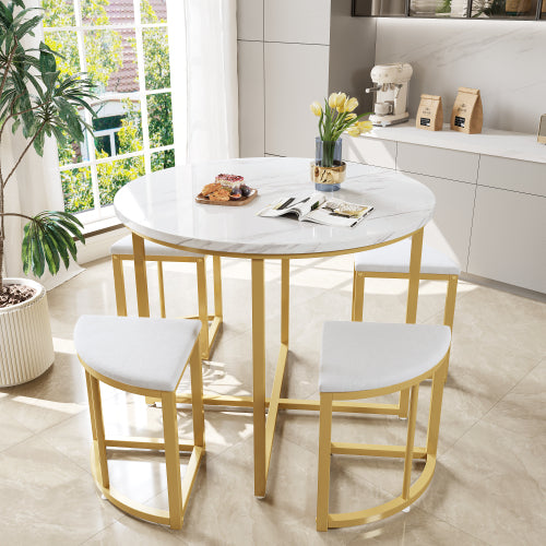 Modern Metal Frame Round Marble Dining Table And Chair Set 5 Pieces With 4 Semi-circular Stools, Suitable For Small Apartments And Restaurants
