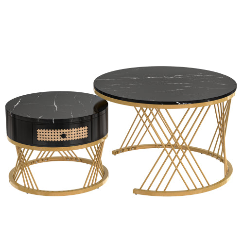 2 In 1 Round Coffee Table Made Of MDF With Marble Grain Veneer Top, Rattan Drawers And Solid Wood Handles. Gold Coloured Iron Legs.