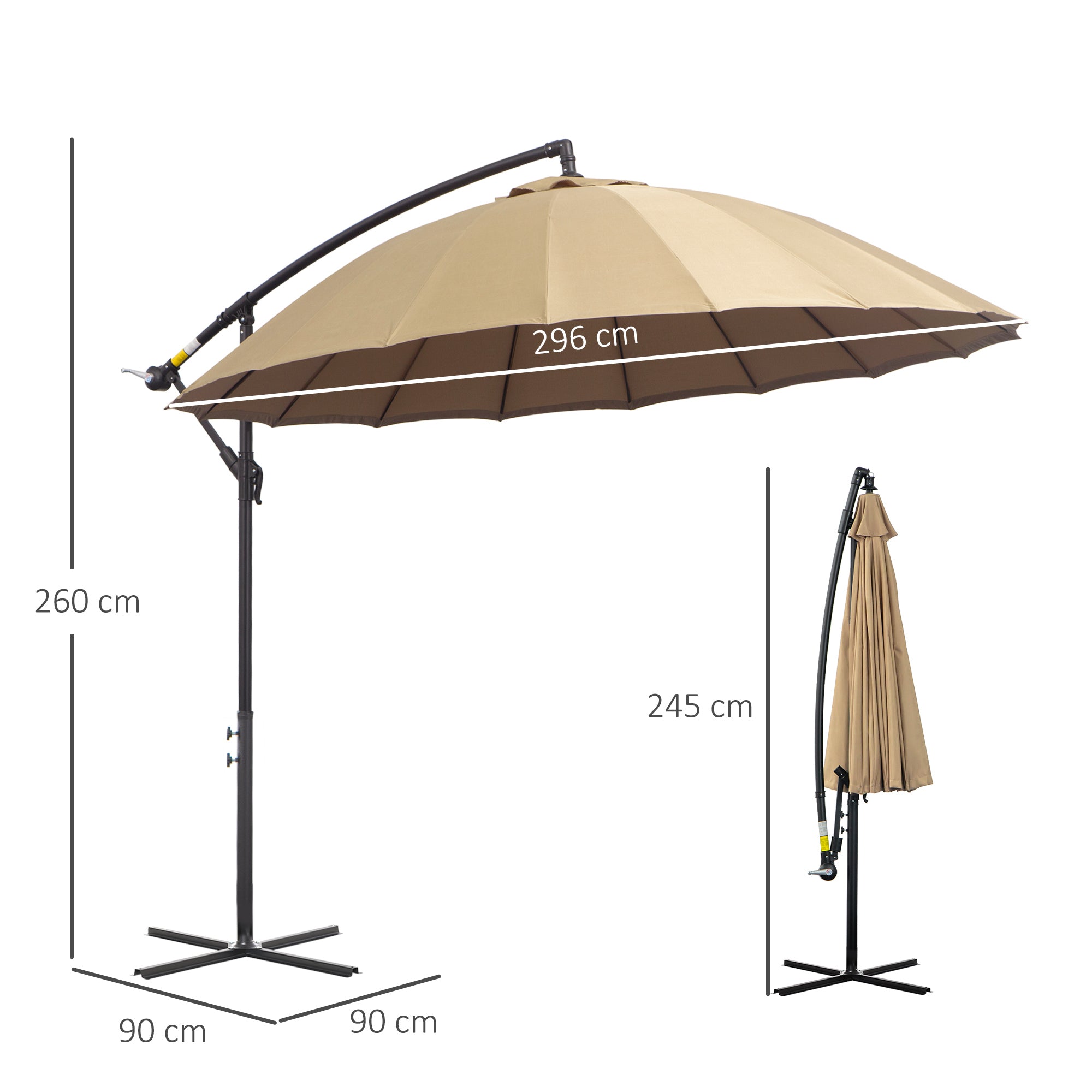 3(m) Cantilever Umbrella 18 Ribs & Vents Adjustable Angle For Patio Khaki