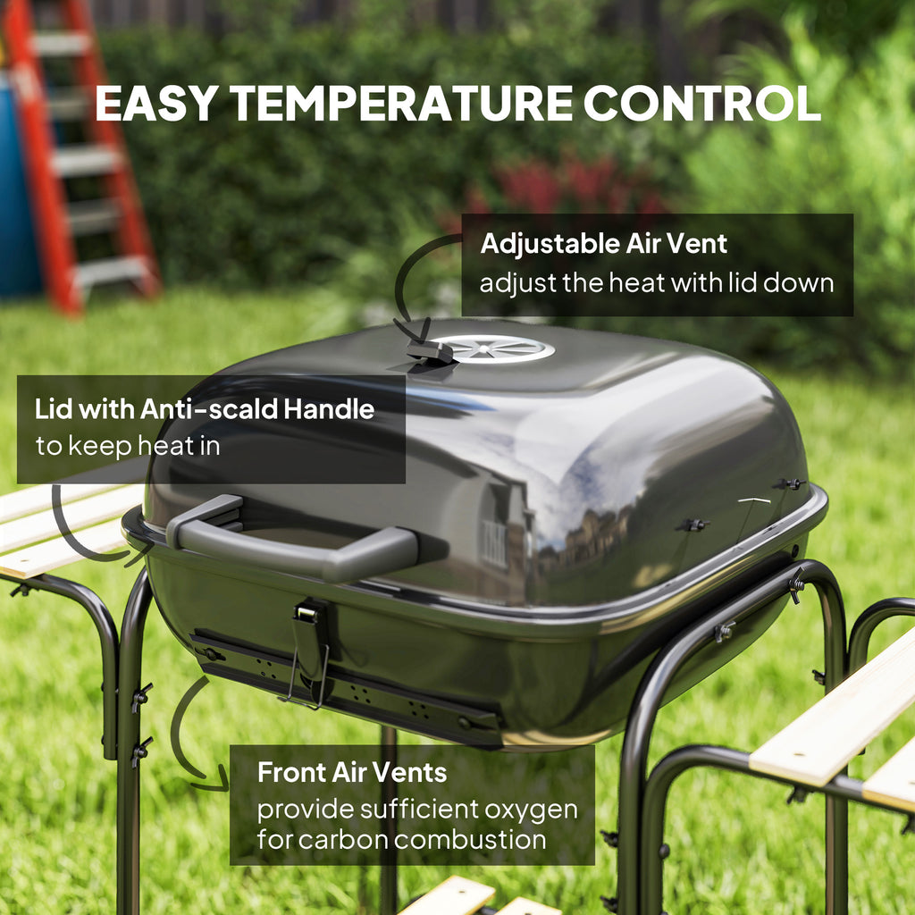 Charcoal Barbecue Grill Portable BBQ Grill With 3 Shelves, Adjustable Vent, Lockable Lid, Wheels For Outdoor Cooking