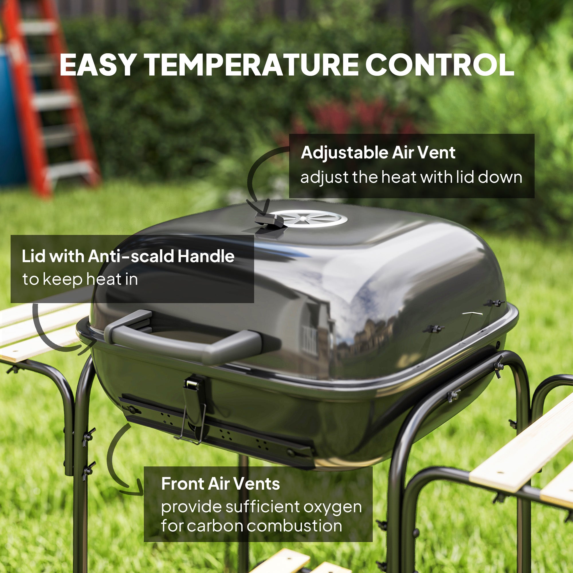 Charcoal Barbecue Grill Portable BBQ Grill With 3 Shelves, Adjustable Vent, Lockable Lid, Wheels For Outdoor Cooking