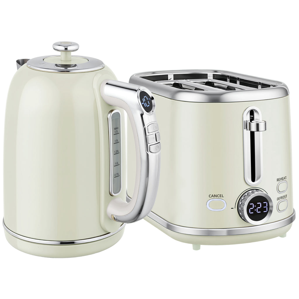 Polished Retro 40-100°C Kettle And Toaster Set - Grey