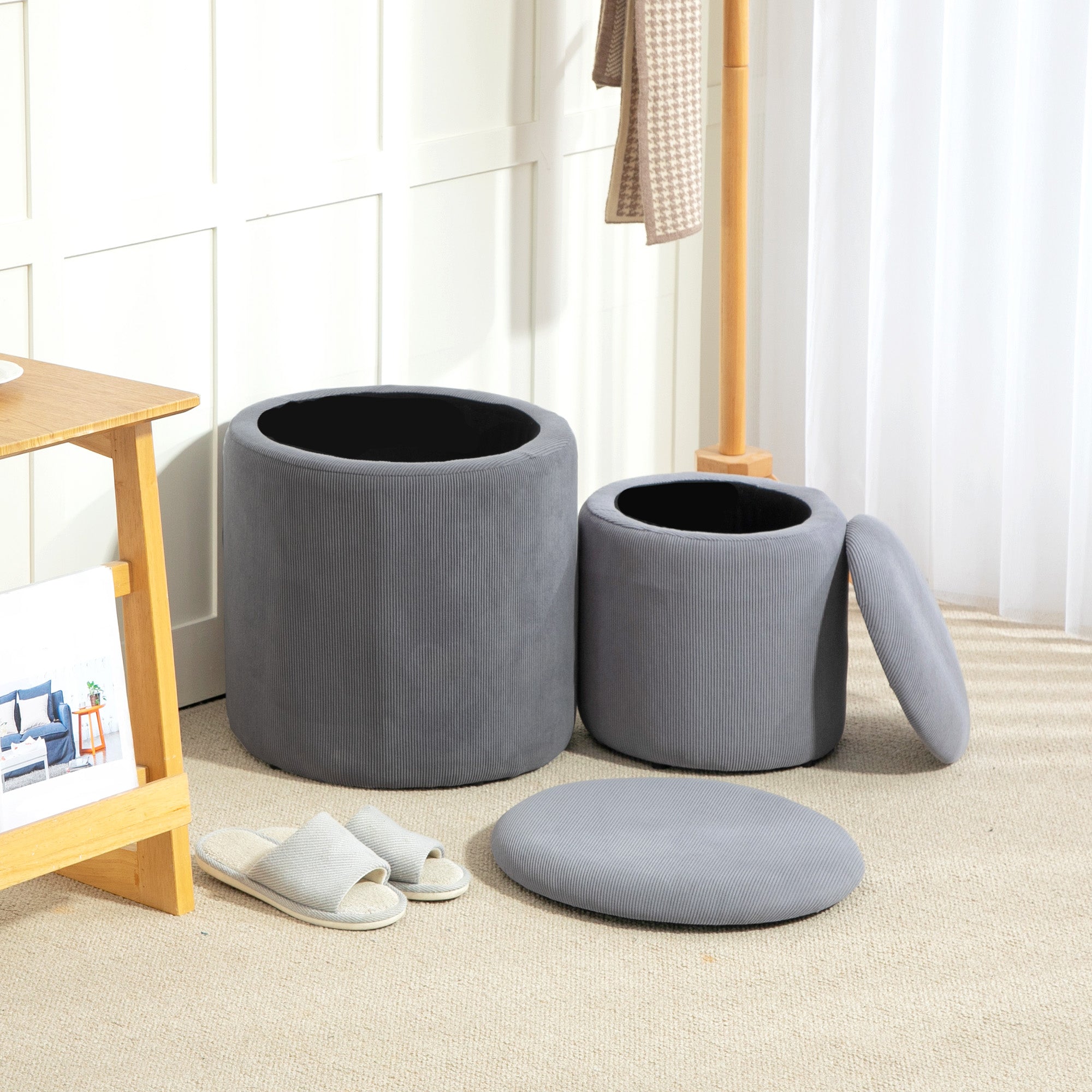 Set Of Two Corduroy Storage Ottomans - Grey