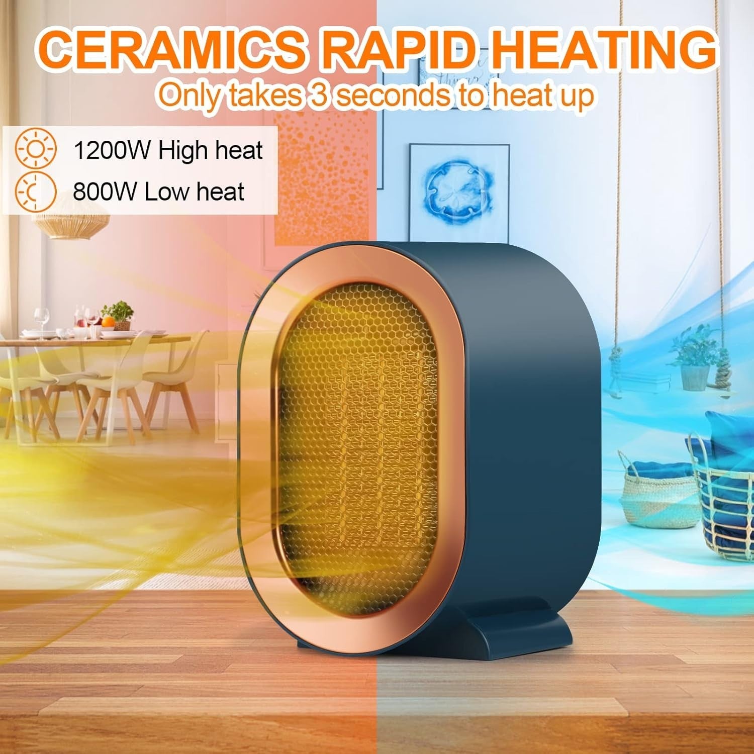 Green  1200W Electric Space Heater Low Energy Ceramic Fast Heating Fan Portable Remote