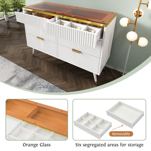 Sideboard Cabinet Dresser With 6 Drawers,Amber Glass Chest Of Drawers, Compartmentalised Storage,Anti-tip,Dressing Table For Living Room, Hallway