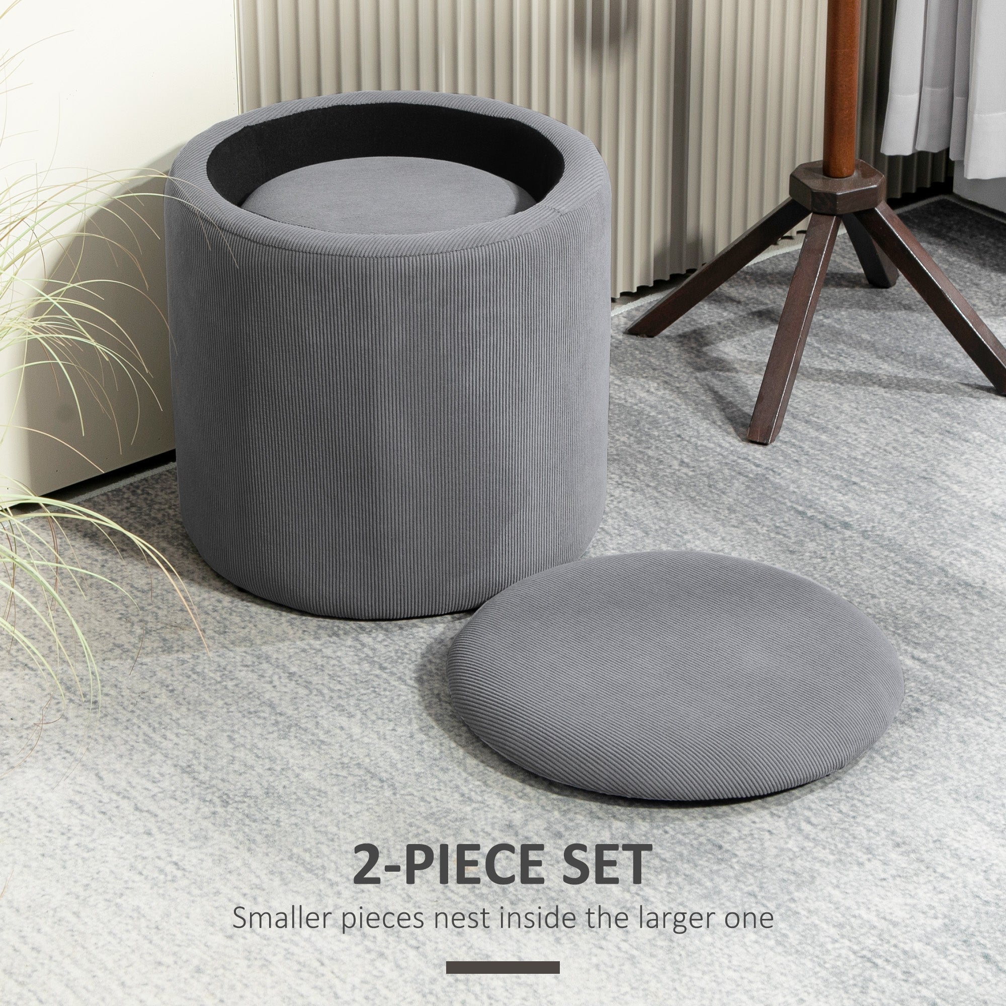 Set Of Two Corduroy Storage Ottomans - Grey