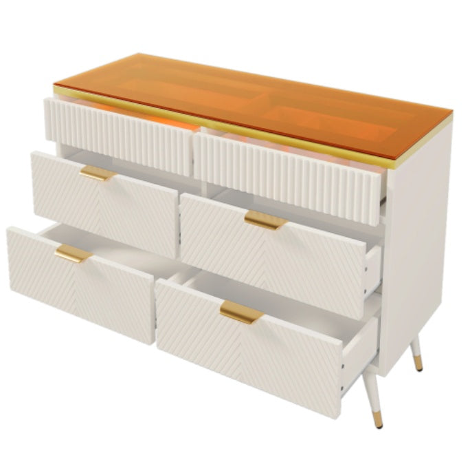 Sideboard Cabinet Dresser With 6 Drawers,Amber Glass Chest Of Drawers, Compartmentalised Storage,Anti-tip,Dressing Table For Living Room, Hallway