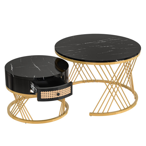 2 In 1 Round Coffee Table Made Of MDF With Marble Grain Veneer Top, Rattan Drawers And Solid Wood Handles. Gold Coloured Iron Legs.
