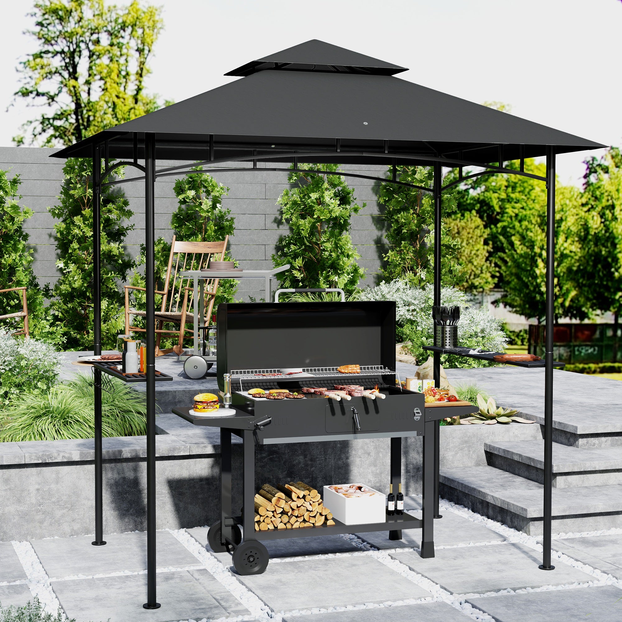 8' X 5' Grill Gazebo, Double Tiered BBQ Gazebo Shelter Canopy With LED Lights, 2 Side Shelves, Hooks, Dark Grey