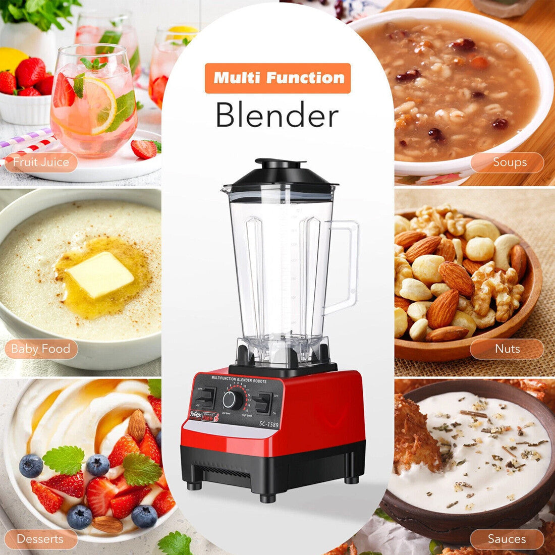 4500W Multifunctional Blender Food Processor Smoothie Juicer Ice Crusher 2 Jugs--Black