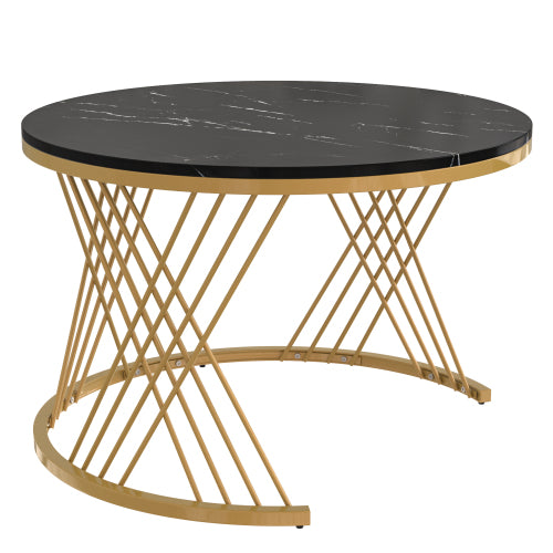 2 In 1 Round Coffee Table Made Of MDF With Marble Grain Veneer Top, Rattan Drawers And Solid Wood Handles. Gold Coloured Iron Legs.