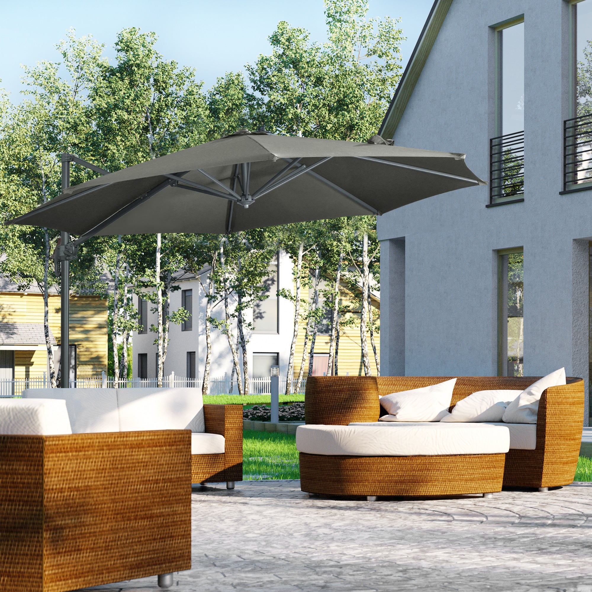 3 X 3(m) Cantilever Parasol With Cross Base, Garden Umbrella With 360° Rotation, Crank Handle And Tilt For Outdoor, Patio, Grey