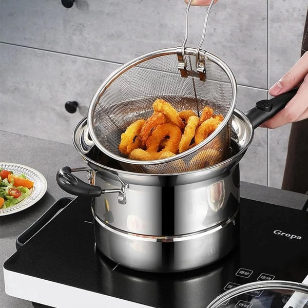 4pc Non Stick Chip Pan Deep Fat Fryer Cooking Noodle Soup Pot Frying Basket&Lid