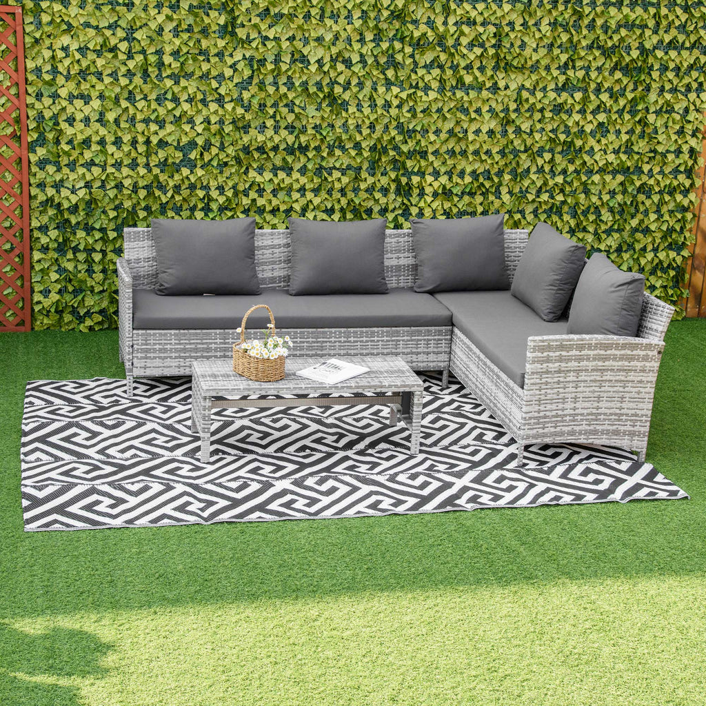 Outdoor Rug Reversible Mat Plastic Straw Rug Portable RV Camping Mat For Garden Deck Picnic Indoor, Black & White