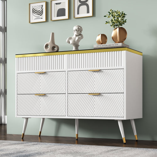 Sideboard Cabinet Dresser With 6 Drawers,Amber Glass Chest Of Drawers, Compartmentalised Storage,Anti-tip,Dressing Table For Living Room, Hallway