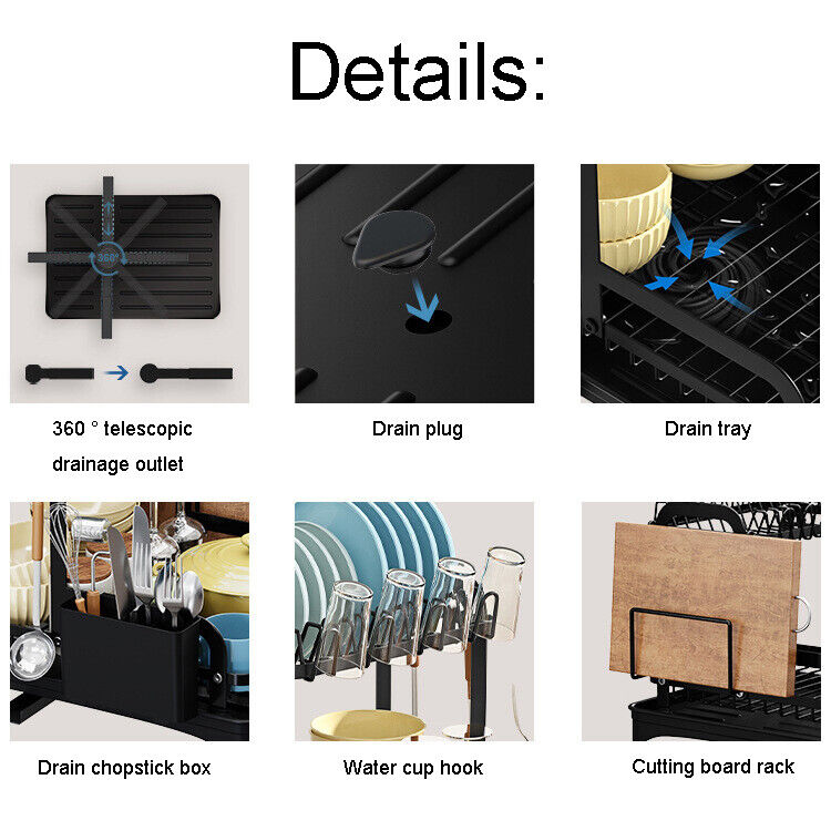 2 Tier Dish Rack Plate Cup Drying Drainer Storage Drip Tray Cutlery Holder