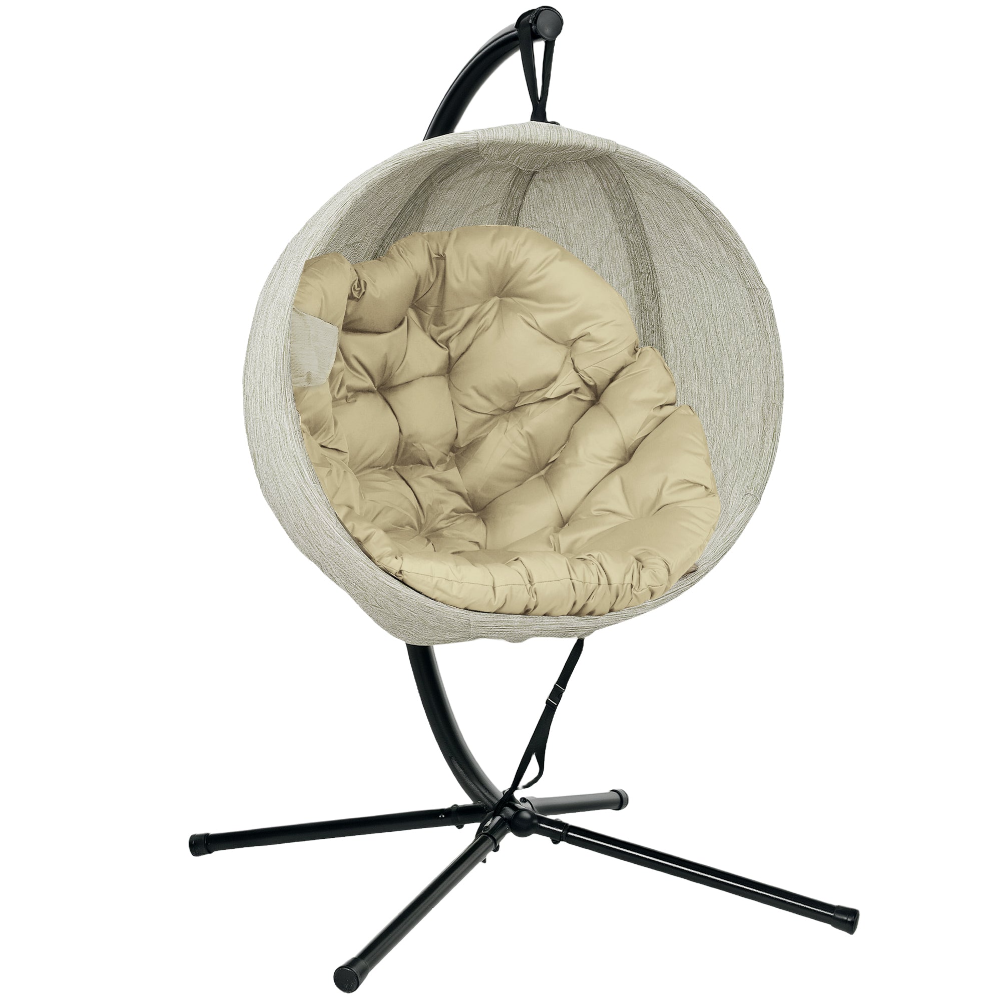 Hanging Egg Chair Outdoor Indoor Garden Swing Chair With Folding Basket, Thickened Cushion, Cup Holder For Patio, Balcony, Khaki