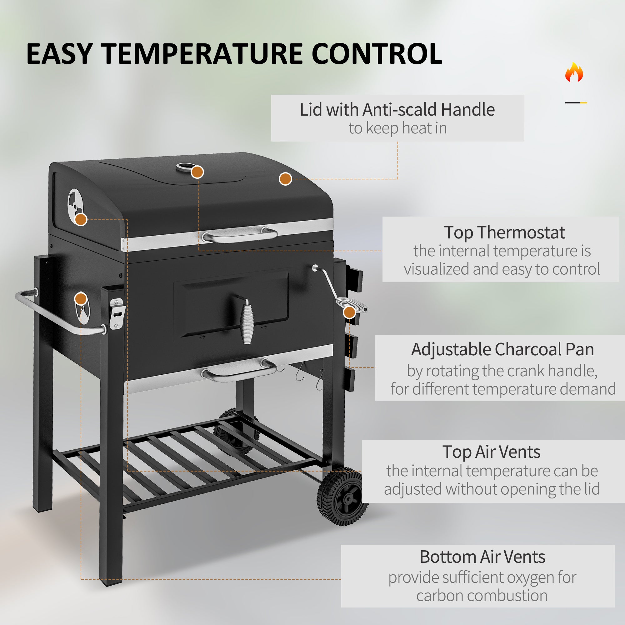 Charcoal Grill, With Height-Adjustable Coal Pan - Black