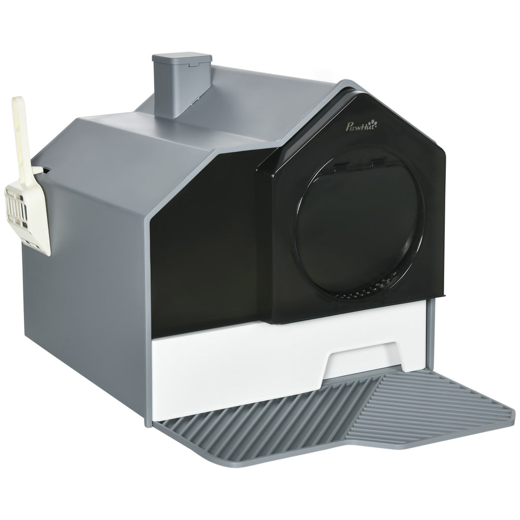 PawHut Hooded Cat Litter Tray With Scoop, Cat Litter Box With Drawer Pan, Handle, Deodorants, Hut Design, Front Entrance, 47 X 45 X 42cm - Grey