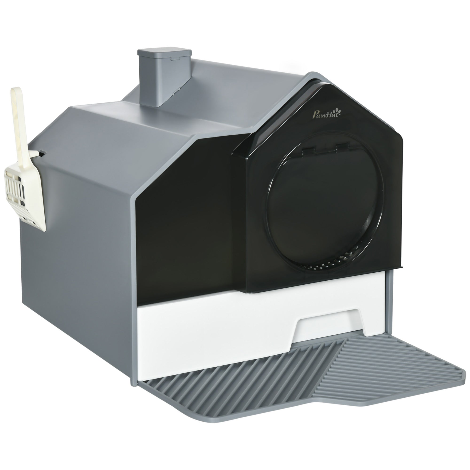 PawHut Hooded Cat Litter Tray With Scoop, Cat Litter Box With Drawer Pan, Handle, Deodorants, Hut Design, Front Entrance, 47 X 45 X 42cm - Grey