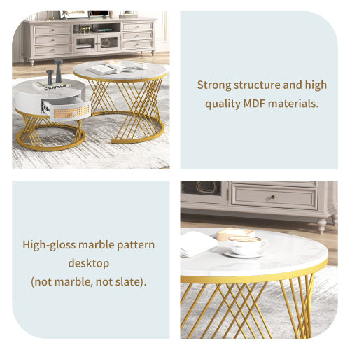 2 In 1 Round Coffee Table Made Of MDF With Marble Grain Veneer Top, Rattan Drawers And Solid Wood Handles. Gold Coloured Iron Legs.