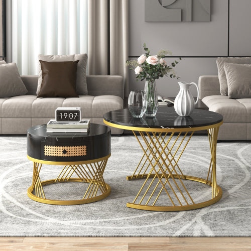 2 In 1 Round Coffee Table Made Of MDF With Marble Grain Veneer Top, Rattan Drawers And Solid Wood Handles. Gold Coloured Iron Legs.