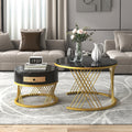 2 In 1 Round Coffee Table Made Of MDF With Marble Grain Veneer Top, Rattan Drawers And Solid Wood Handles. Gold Coloured Iron Legs.
